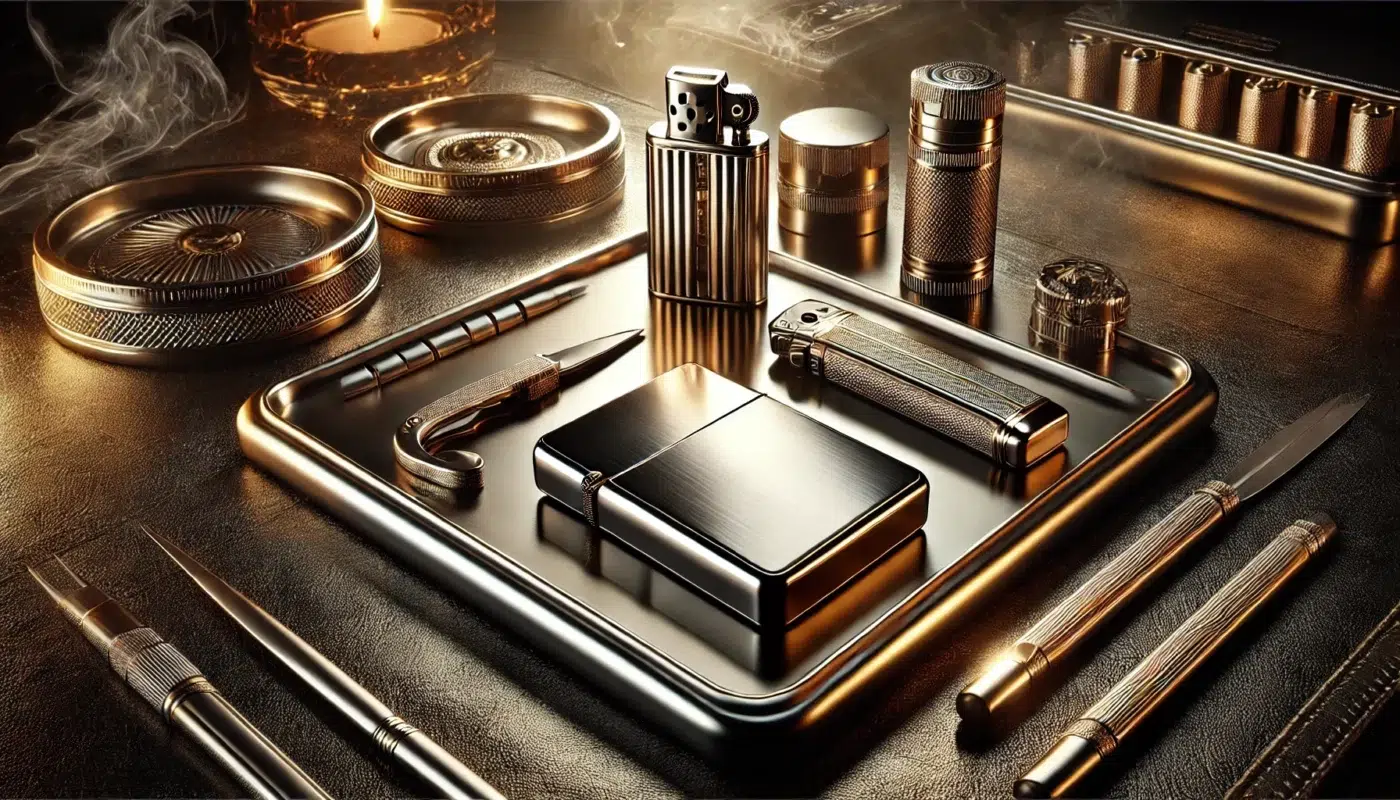 Luxury smoking accessories including an authentic Zippo lighter, precision cigar cutters, and a designer ashtray, arranged on a rich wooden surface with warm ambient lighting