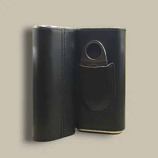 Black Leather Cigar Case with Cutter Open View CLC-68-BK