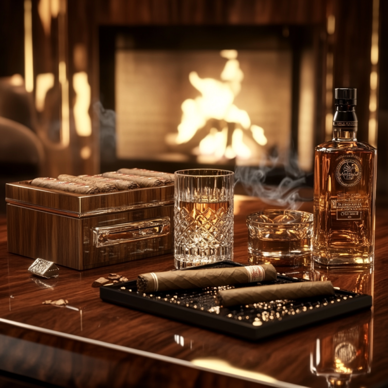 Premium smoking accessories – Open Zippo lighter with lid, luxury glass ashtray, and Spanish cedar humidor filled with fine cigars in an elegant setting