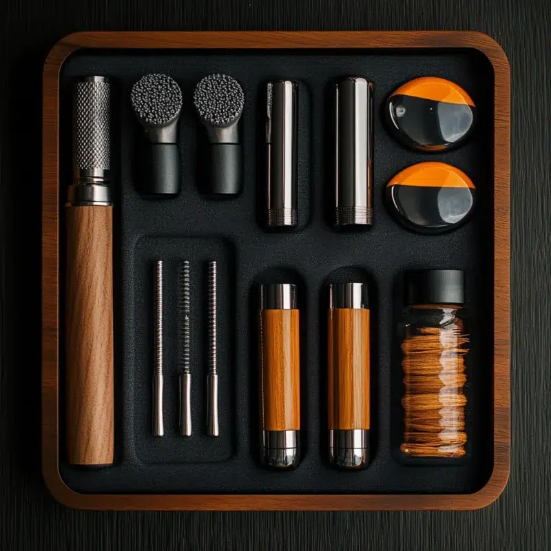 Smoking accessory maintenance kit in Amber Ash brand colors