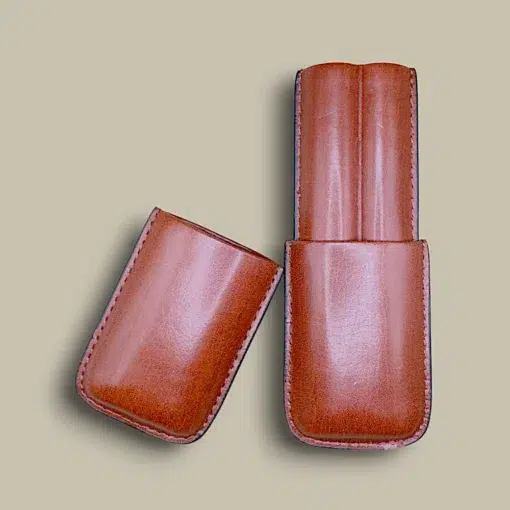 Brown Leather Double Cigar Case Open View CLC-83-BK
