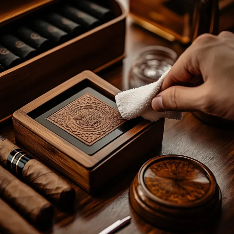 Hand cleaning a luxury cigar humidor with a soft cloth – maintaining premium smoking accessories.