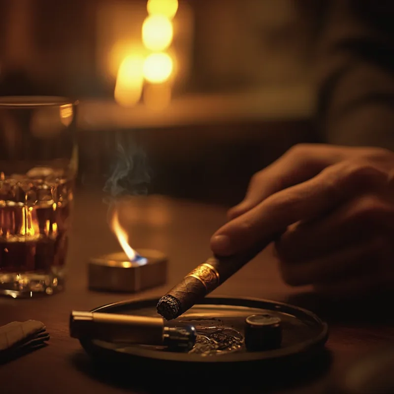 Close-up of a person lighting a premium cigar with a butane lighter, featuring a warm and elegant ambiance.