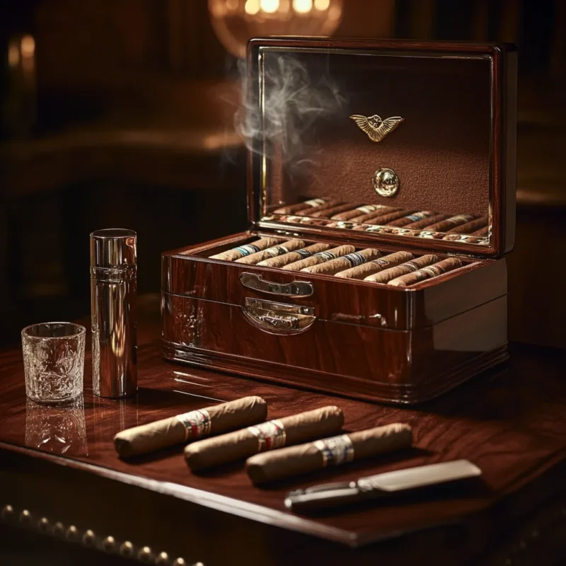 Premium Spanish cedar humidor with fine cigars and hygrometer for optimal cigar storage.