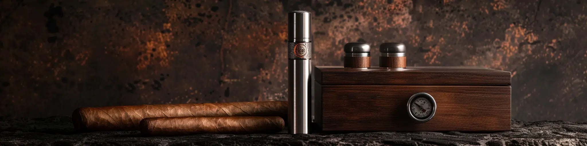 Dark premium banner with cigars, stainless tube and wooden humidor