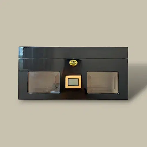 Black Lacquer Cigar Humidor with Digital Hygrometer Front View HM-210L-BK