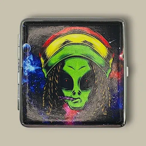 Rasta Smoking Alien Cigarette Case CC-55 – Open Angle View
