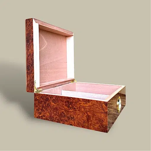 Burl Wood Cigar Humidor HM-116M-BU – Side Open View