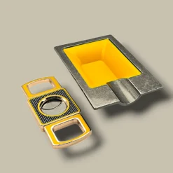 Yellow Rectangular Metal Cigar Ashtray with Cutter ASH-CG04AC – Front View