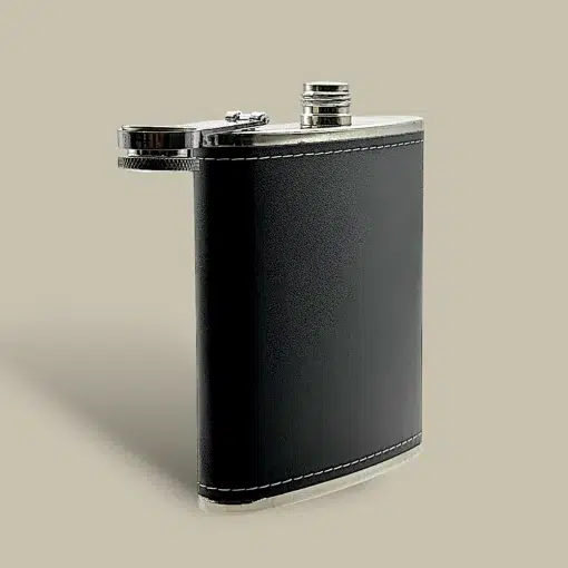Black Leather Wrapped Flask FL-610 – Open Cap View
