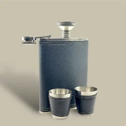 Leather Wrapped Flask FL-600 – Open with Funnel and Cups