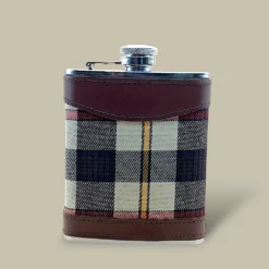 Plaid Fabric and Leather Flask FL-840 – Front View