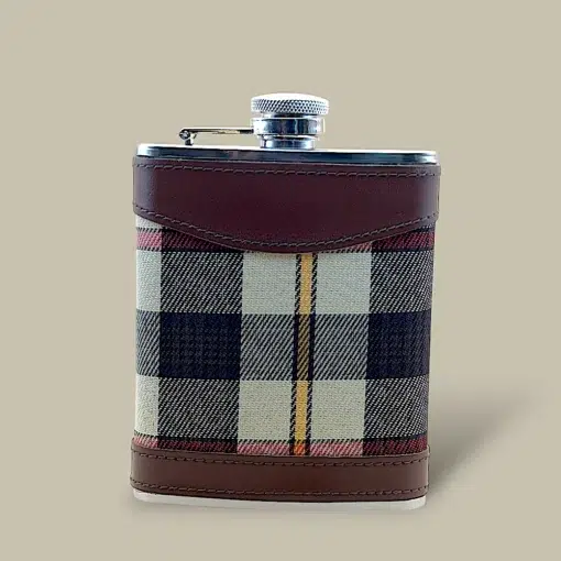 Plaid Fabric and Leather Flask FL-840 – Front View