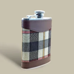 Plaid Fabric and Leather Flask FL-840 – Side View