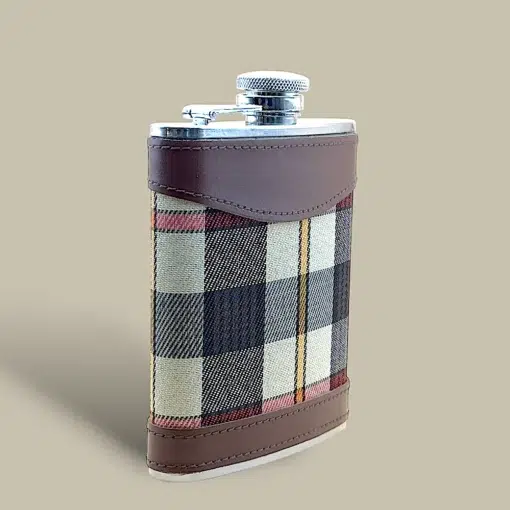 Plaid Fabric and Leather Flask FL-840 – Side View