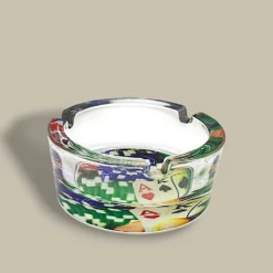 Round Glass Cigarette Ashtray with AK Poker Cards and Chips – Side View