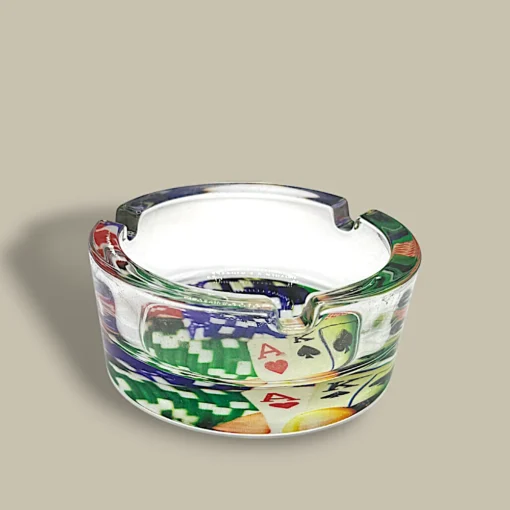 Round Glass Cigarette Ashtray with AK Poker Cards and Chips – Side View
