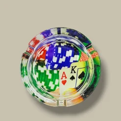 Round Glass Cigarette Ashtray with AK Poker Cards and Chips – Top View