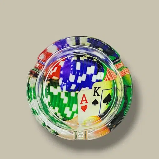 Round Glass Cigarette Ashtray with AK Poker Cards and Chips – Top View