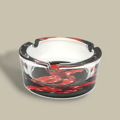 Round Glass Cigarette Ashtray with Red Casino Chips – Side View