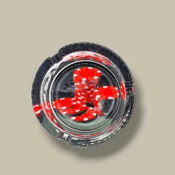 Round Glass Cigarette Ashtray with Red Casino Chips – Top View