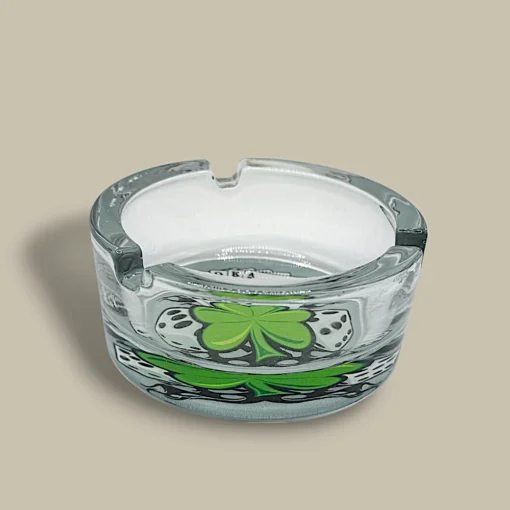 Round Glass Cigarette Ashtray with Clover and Cards – Side View