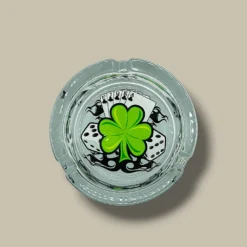 Round Glass Cigarette Ashtray with Clover and Cards – Top View