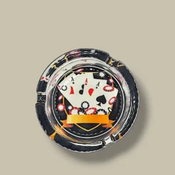 Round Glass Cigarette Ashtray with Four Aces and Poker Chips – Top View
