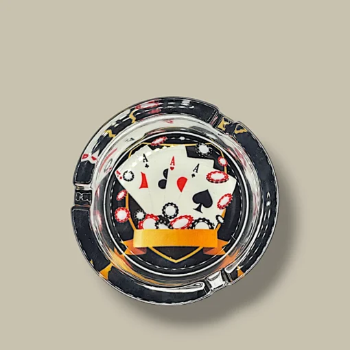 Round Glass Cigarette Ashtray with Four Aces and Poker Chips – Top View
