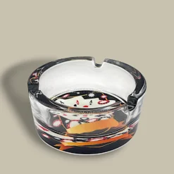 Round Glass Cigarette Ashtray with Four Aces and Poker Chips – Top View