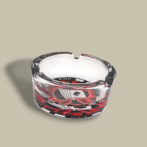 Round Glass Cigarette Ashtray with Poker Chip and Spade – Side View