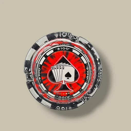 Round Glass Cigarette Ashtray with Poker Chip and Spade – Top View