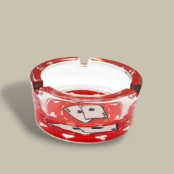 Round Glass Cigarette Ashtray with Red Aces Design – Side View