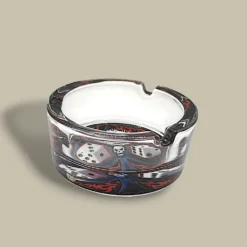 Round Glass Cigarette Ashtray with Skull, Dice & Cards – Side View