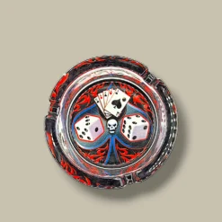 Round Glass Cigarette Ashtray with Skull, Dice & Cards – Top View
