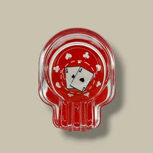 Skull Glass Cigarette Ashtray with Red Aces Design – Side View