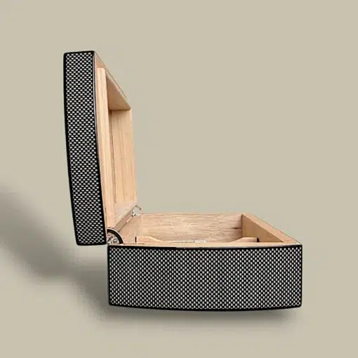 Carbon Fiber Cigar Humidor – Side View Open – 25 Cigars
