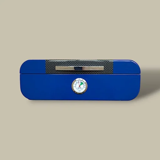 Blue Cigar Humidor – Carbon Fiber Accent – Front with Hygrometer