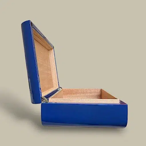 Blue Cigar Box Side View – Open Lid – Carbon Fiber Design