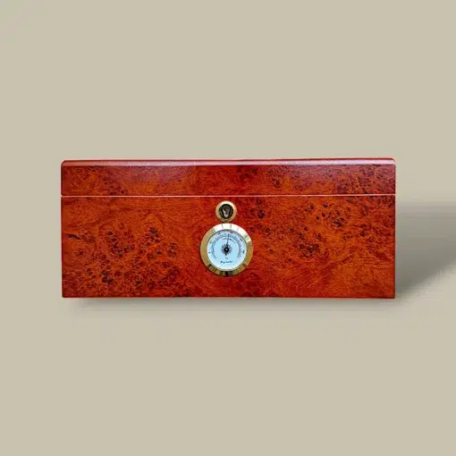 Burlwood Cigar Humidor – 60 Cigars – Front with Lock and Hygrometer