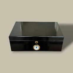 Black Gloss Cigar Humidor – 75 Cigars – Front View with Hygrometer