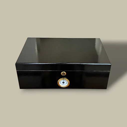 Black Gloss Cigar Humidor – 75 Cigars – Front View with Hygrometer
