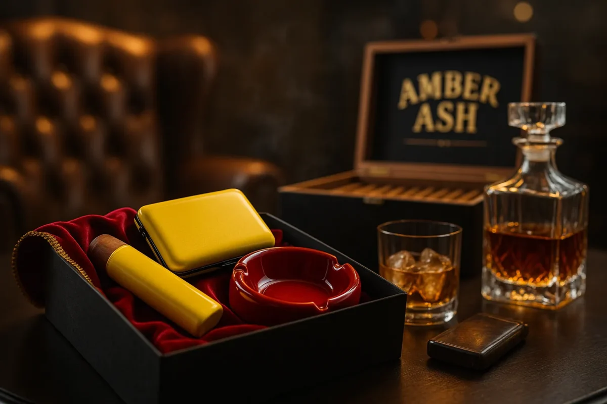 Luxury gift box with yellow cigarette case and red ashtray on velvet, next to whiskey glass and Amber Ash humidor