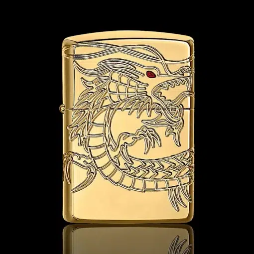 ZIPPO® Asian Dragon Gold Lighter – Front View